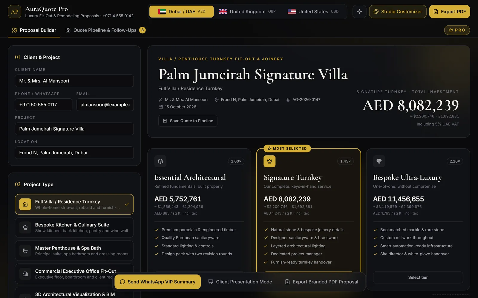 AuraQuote Pro proposal builder showing a Palm Jumeirah villa fit-out with Essential, Signature and Bespoke tiers priced in AED